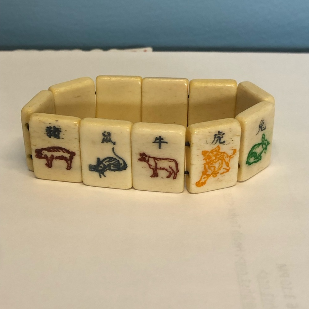 Vintage Mahjong Tile Stretch Bracelet - Cream with Multicolor Symbols